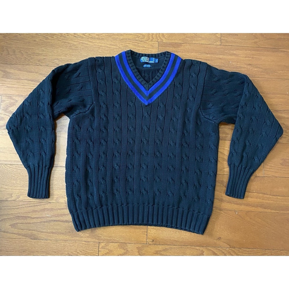 Polo Ralph Lauren Vintage Black Cable Knit V-Neck Cricket Sweater Mens Large L